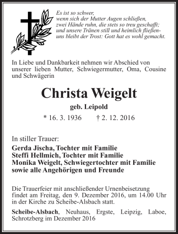 Traueranzeige von Christa Weigelt von Südthüringer Presse