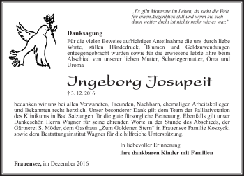 Traueranzeige von Ingeborg Josupeit von Südthüringer Presse