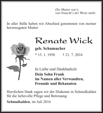 Traueranzeige von Renate Wick von Südthüringer Presse