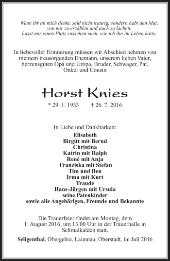 Traueranzeige von Horst Knies von Südthüringer Presse