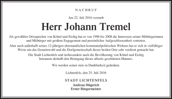 Traueranzeige von Johann Tremel von Neue Presse Coburg