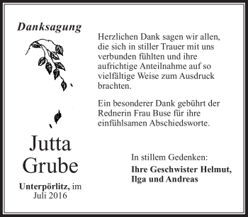 Traueranzeige von Jutta Grube von Südthüringer Presse