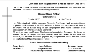 Traueranzeige von Klaus Göller von Frankenpost