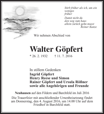 Traueranzeige von Walter Göpferet von Südthüringer Presse