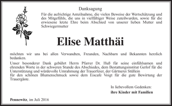 Traueranzeige von Elise Matthäi von Südthüringer Presse