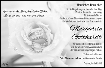 Traueranzeige von Margarete Gotthardt von Südthüringer Presse