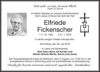 Traueranzeige von Elfriede Fickenscher von Frankenpost