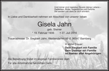 Traueranzeige von Gisela Jahn von Frankenpost