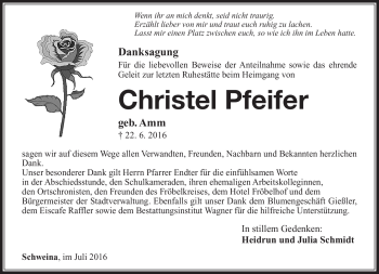 Traueranzeige von Christel Pfeifer von Südthüringer Presse