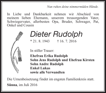 Traueranzeige von Dieter Rudolph von Südthüringer Presse