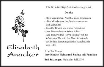 Traueranzeige von Elisabeth Anacker von Südthüringer Presse