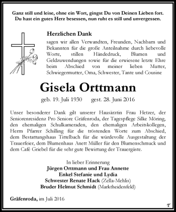 Traueranzeige von Gisela Orttmann von Südthüringer Presse
