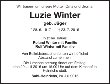 Traueranzeige von Luzie Winter von Südthüringer Presse