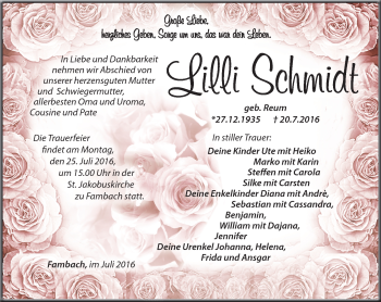 Traueranzeige von Lilli Schmidt von Südthüringer Presse