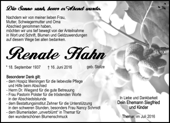 Traueranzeige von Renate Hahn von Südthüringer Presse