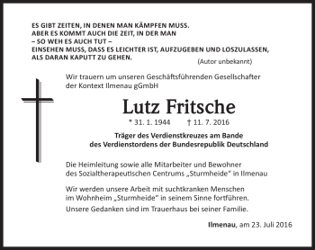 Traueranzeige von Lutz Fritsche von Südthüringer Presse