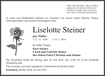 Traueranzeige von Liselotte Steiner von Südthüringer Presse