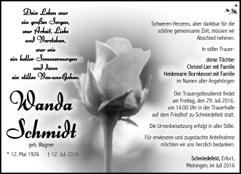 Traueranzeige von Wanda Schmidt von Südthüringer Presse