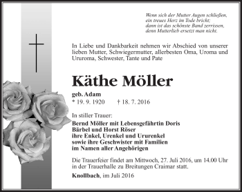 Traueranzeige von Käthe Möller von Südthüringer Presse