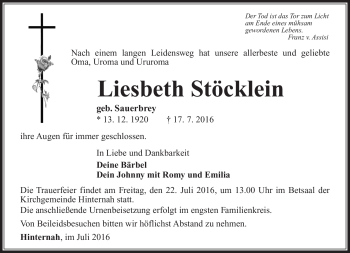Traueranzeige von Liesbeth Stöcklein von Südthüringer Presse