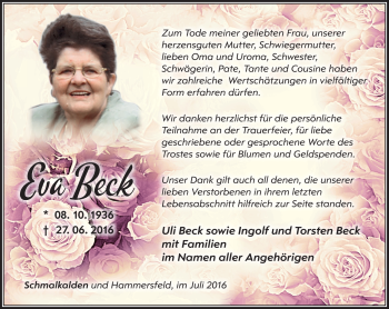 Traueranzeige von Eva Beck von Südthüringer Presse