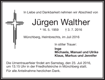 Traueranzeige von Jürgen Walther von Frankenpost