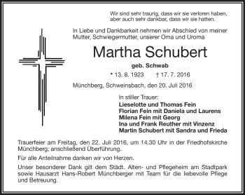 Traueranzeige von Martha Schubert von Frankenpost