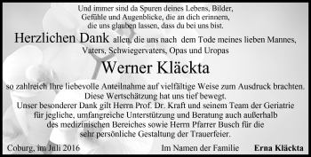 Traueranzeige von Werner Kläckta von Neue Presse Coburg