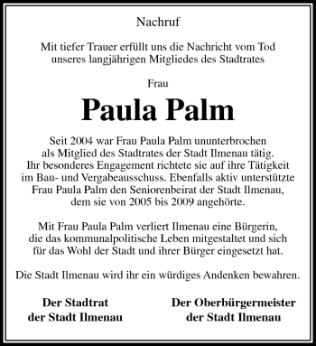 Traueranzeige von Paula Palm von Südthüringer Presse