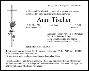 Traueranzeige von Anni Tischer von Frankenpost