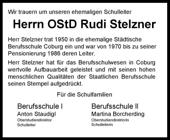 Traueranzeige von Rudi Stelzner von Neue Presse Coburg