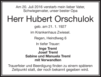 Traueranzeige von Hubert Orschulok von Frankenpost