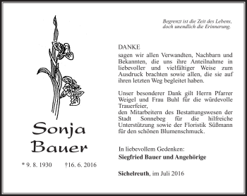 Traueranzeige von Sonja Bauer von Südthüringer Presse