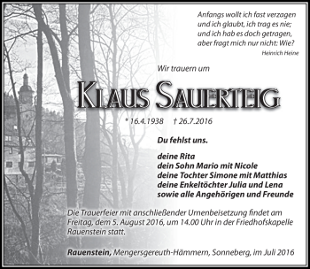 Traueranzeige von Klaus Sauerteig von Südthüringer Presse