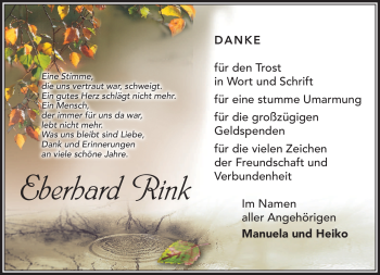 Traueranzeige von Eberhard Rink von Südthüringer Presse