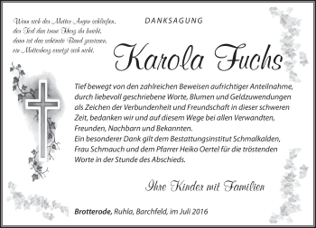 Traueranzeige von Karola Fuchs von Südthüringer Presse