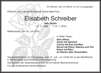 Traueranzeige von Elisabeth Schreiber von Frankenpost