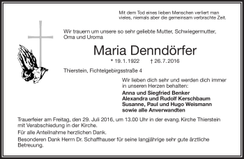 Traueranzeige von Maria Denndörfer von Frankenpost