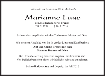 Traueranzeige von Marianne Laue von Südthüringer Presse