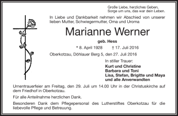 Traueranzeige von Marianne Werner von Frankenpost