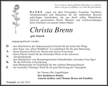 Traueranzeige von Christa Brenn von Südthüringer Presse