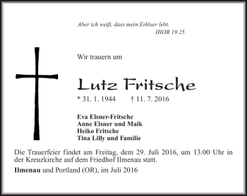Traueranzeige von Lutz Fritsche von Südthüringer Presse