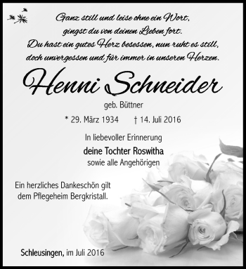 Traueranzeige von Henni Schneider von Südthüringer Presse