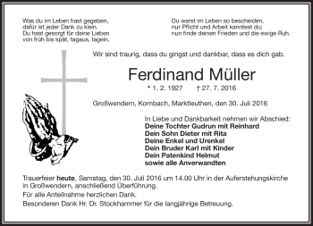 Traueranzeige von Ferdinand Müller von Frankenpost