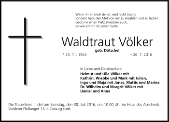 Traueranzeige von Waltraut Völker von Neue Presse Coburg