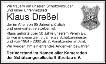 Traueranzeige von Klaus Dreßel von Frankenpost