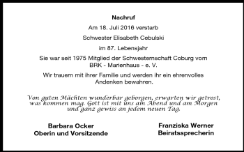 Traueranzeige von Elisabeth Cebulski von Neue Presse Coburg