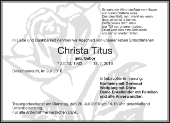 Traueranzeige von Christa Titus von Frankenpost