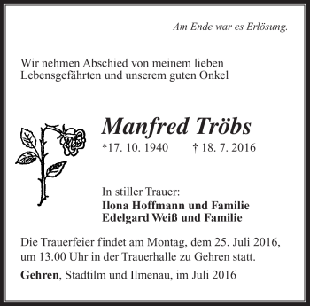 Traueranzeige von Manfred Tröbs von Südthüringer Presse