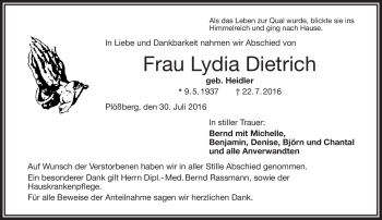 Traueranzeige von Lydia Dietrich von Frankenpost